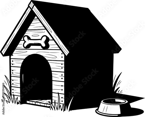Dog House Kennel with Food Bowl Black White Vector Illustration Pet Design