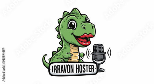 Cartoon green dinosaur with red lips and microphone, podcasting theme