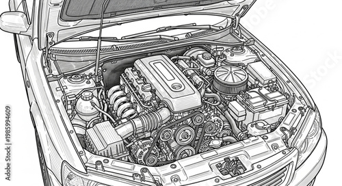 Close up detailed car engine bay showing mechanical components.