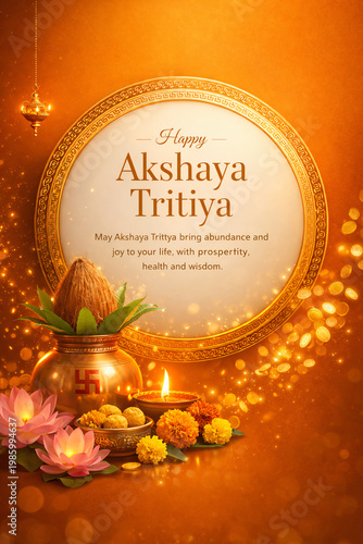Happy Akshaya Tritiya Festival Greeting Card with Golden Kalash, Lotus Flowers and Diya on Ornate Background for Prosperity and Wealth Celebration