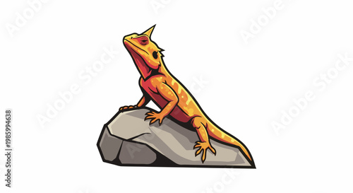 Cartoon horned lizard perched on a grey rock, basking in sunlight
