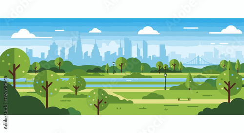 City park with trees, water, bridge, and skyline in flat illustration style