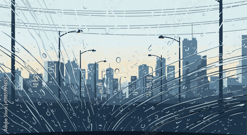 City skyline viewed through a rain-streaked window on a muted, overcast day