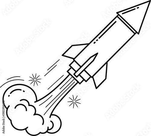 A cartoon-style drawing of a rocket ship taking off into the air quickly