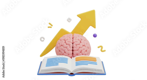 Vector illustration of 3d illustration of a brain on an open book with an upward growth arrow on a transparent background