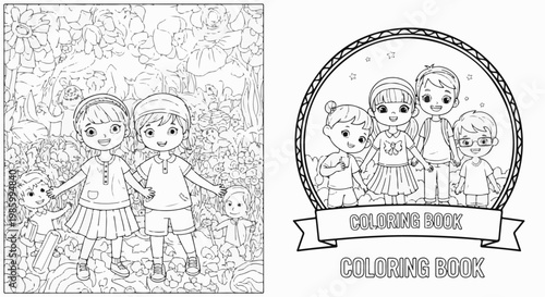 Children's coloring pages with floral backgrounds and a group of kids
