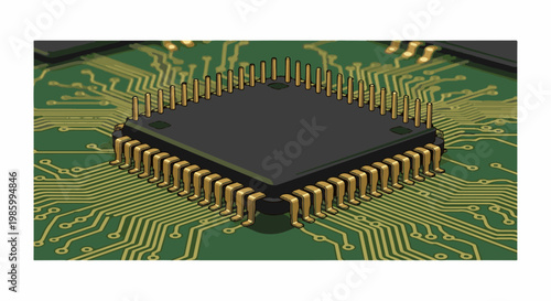 Close-up isometric view of a black integrated circuit chip on a green circuit board