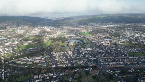 4K Aerial Long Shot of Caerphilly and Caerphilly Castle, Wales