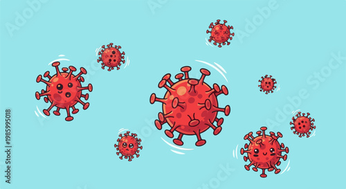 Cartoonish red virus characters float in a light blue background