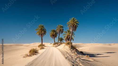 Group of palm trees on a sandy desert road with a clear blue sky