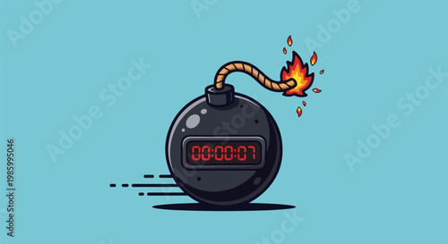 Cartoon bomb with lit fuse and countdown timer against a blue background