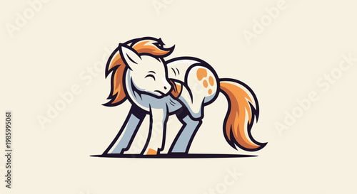 Cartoonish white pony with orange mane, tail, and spots