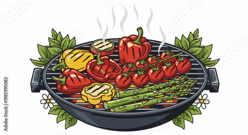 Colorful vegetables grilling on a barbecue with steam rising