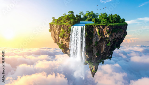Enchanted waterfall cascading from a floating island celestial landscape fantasy imagery aerial view dreamlike concept