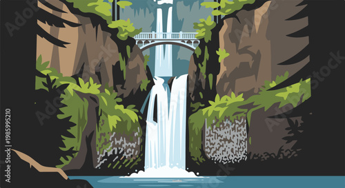 Cascading waterfall plunges between mossy cliffs under a scenic bridge