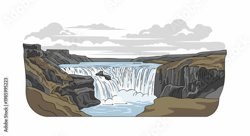 Cascading waterfall plunges over rocky cliffs under a cloudy sky