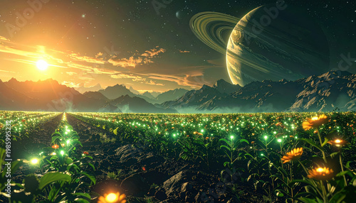 Glowing plants illuminate a field beneath the majestic rings of a gas giant sci-fi landscape surreal environment dreamy viewpoint