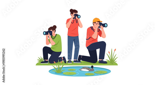 Photographers Capturing Nature Scenes with Cameras Outdoors