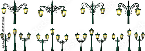 Vintage street lamp vector set with decorative lantern posts classic city lighting elements and ornate metal design illustration collection