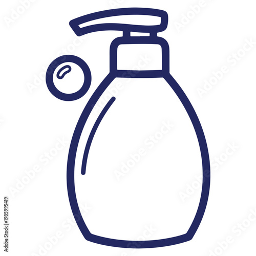 Blue outline illustration of a liquid soap or lotion dispenser with a pump and a bubble showcasing hygiene and cleanliness