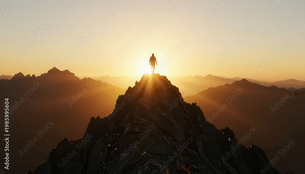 Naklejka premium A man stands on a mountain peak at sunrise. The man looks out over the vast mountains and valleys, illuminated by the warm light of the sunrise.