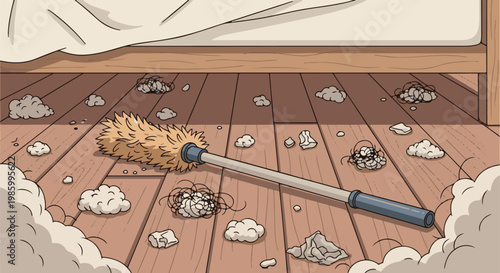 Cleaning under the bed with a fluffy duster against a dusty floor