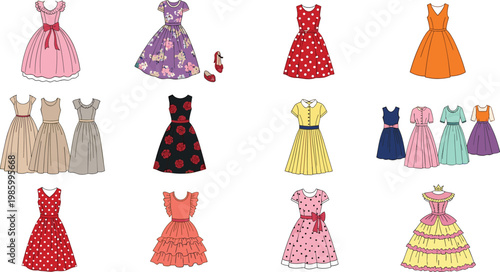 Women dresses collection with vintage and modern styles featuring floral polka dot and elegant fashion outfits vector illustration set