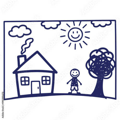 Childs drawing of a house with smoke coming from the chimney happy sun and a child standing next to a tree on a beautiful day
