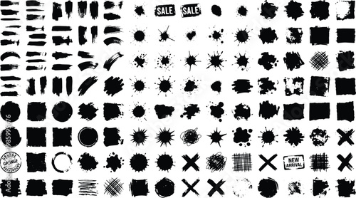 Collection of various black grunge textures and shapes for design elements isolated on white background for creative projects