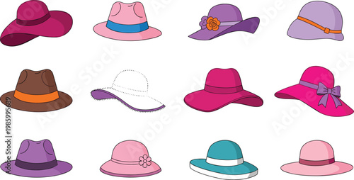 Women hats collection with wide brim and stylish designs colorful fashion accessories vector illustration set isolated