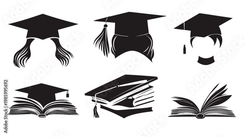 Black and white illustration of graduation caps, hair, books, and tassels in silhouette