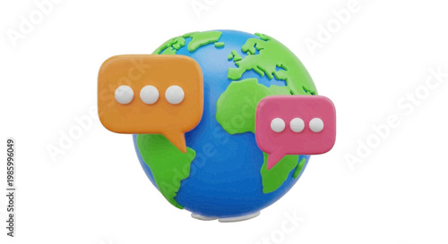 Vector illustration of 3d earth globe with speech bubbles on a transparent background