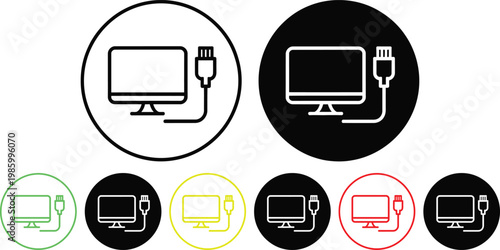 Various icons depicting computer monitors connected to power sources and cables