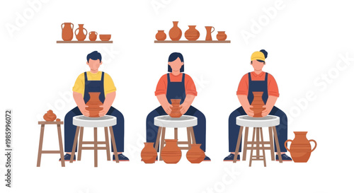 Ceramic pottery workshop with three artisans shaping clay