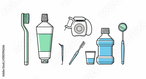 Collection of dental hygiene tools and products for oral care