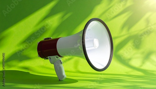 White and Orange Megaphone on Bright Green Background with Dynamic Diagonal Shadows