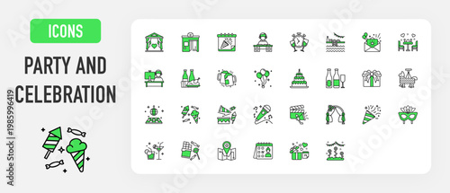 Party and Celebration icon. Wedding, Photo Booth, Party Planner, Dj Booth, Happy Hour, Pool Party, Invitation Card, Romantic Dinner, Streamer, Meal, Cheering, Balloon, Birthday Cake, Champagne vector.