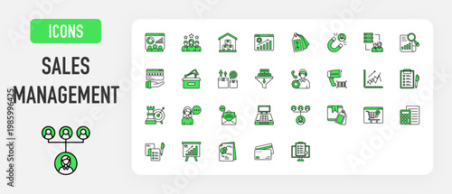Sales Management icon. Department, Sales Team, Inventory Management, Conversion Rate, Discount Tag, Lead Generation, Database, Sales Report, Customer Feedback, Cash Box vector.