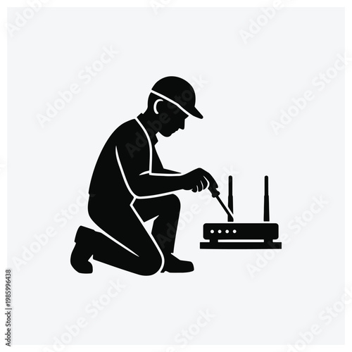 Technician repairing wireless router or networking equipment
