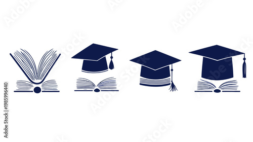 Various illustrations of graduation caps, books and elements for education on white backdrop