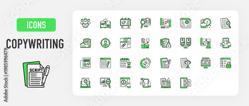 Copywriting icon. Script, Public Relation, Storytelling, Billboard, Research, Mind Mapping, Metadata, Working Hour, Keyword, Collateral, Target Audience, Backlink, Feature, Ab Testing vector. 