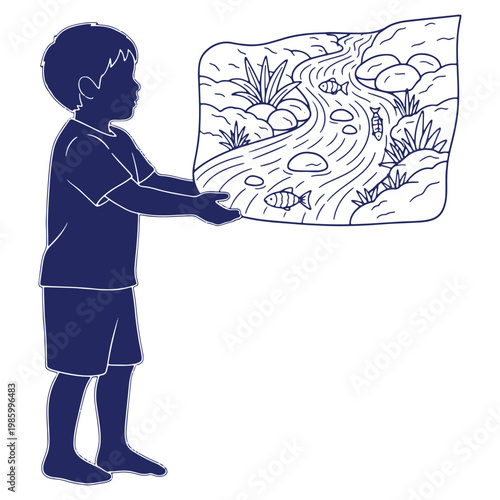Silhouette of a boy holding a river landscape illustration with fish and rocks conveying youthful imagination and environmental awareness