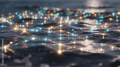 Digital Data Streams Overlaying Ocean Waves AI Video

