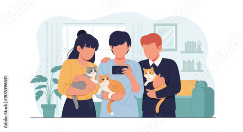 Family Gathering with Cats at Home - Happy Pet Owners