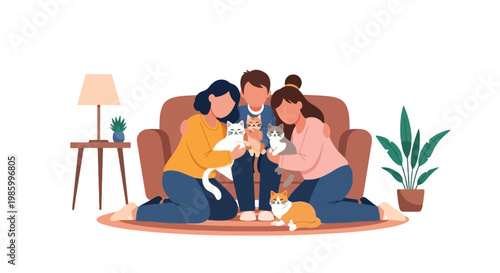 Family Gathering with Cats and Kids in Cozy Living Room