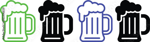 Four stylized mugs of beer with different outlines and foam effects