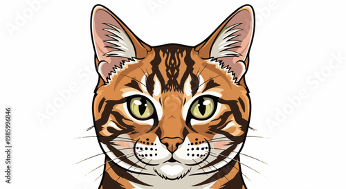 Close up cartoon portrait of a feline's face with striking green eyes and striped fur