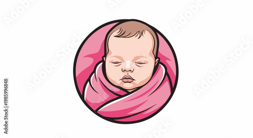 Close up illustration of a peacefully sleeping newborn baby wrapped in pink