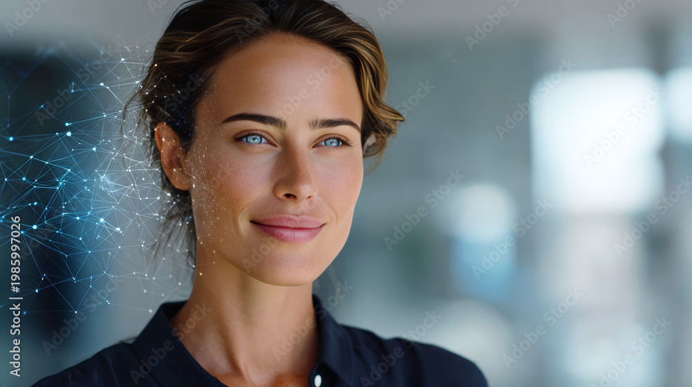 Obraz premium Confident businesswoman with blue eyes stands in a modern office, digital network graphics overlaying her face. Futuristic technology and innovation concept in corporate environment