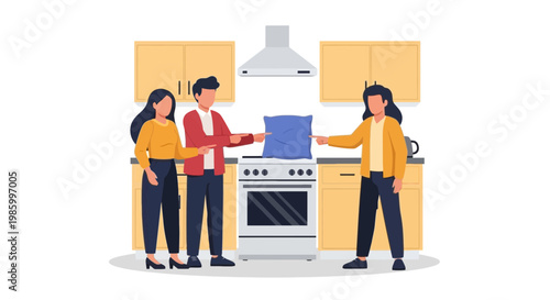 Family Sharing a Pillow in Modern Kitchen Scene